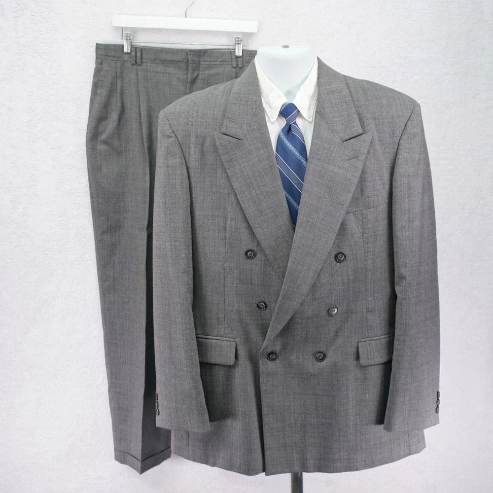 Haggar Wool 2 Piece Suit Gray Birdseye -42L  35 / 30.5- Double Breasted Peak Lap